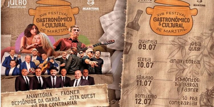 Festival Gastrônomico de Martins ocorre entre os dias 09 e 12 de julho de 2026. Veja a programação.